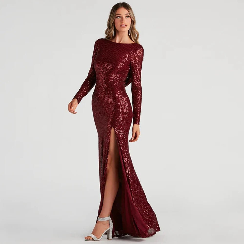 Burgundy Backless Mermaid Shiny Sequined Long Party Dress