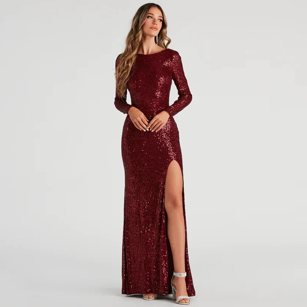 Burgundy Backless Mermaid Shiny Sequined Long Party Dress