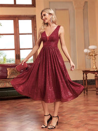 Burgundy Burgundy Elegant A - Line Sleeveless Sequins Midi Cocktail Dress L