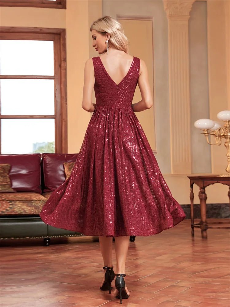 Burgundy Elegant A-Line Sleeveless Sequins Midi Cocktail Dress