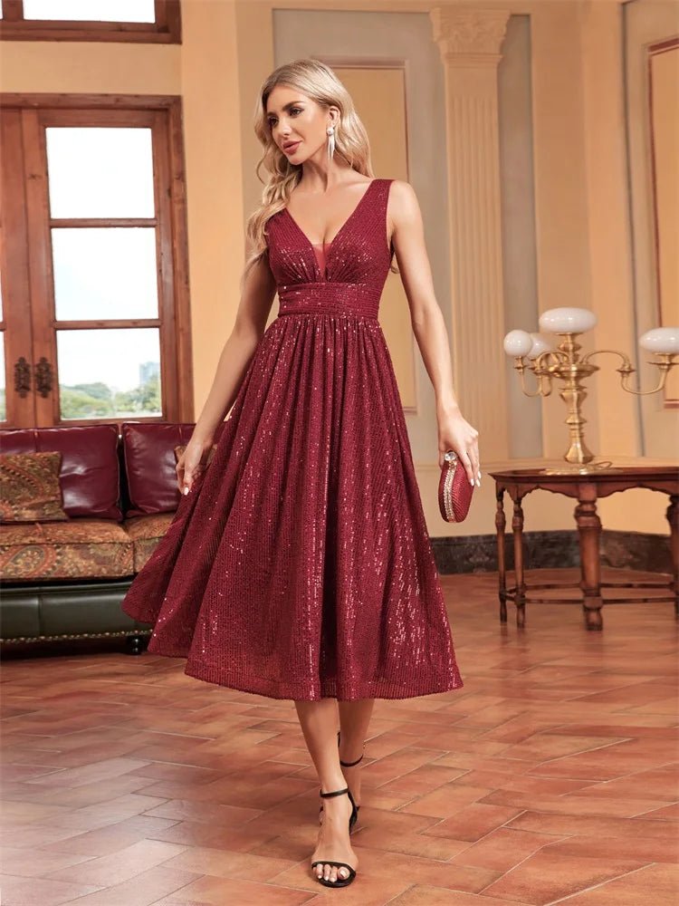 Burgundy Burgundy Elegant A - Line Sleeveless Sequins Midi Cocktail Dress L