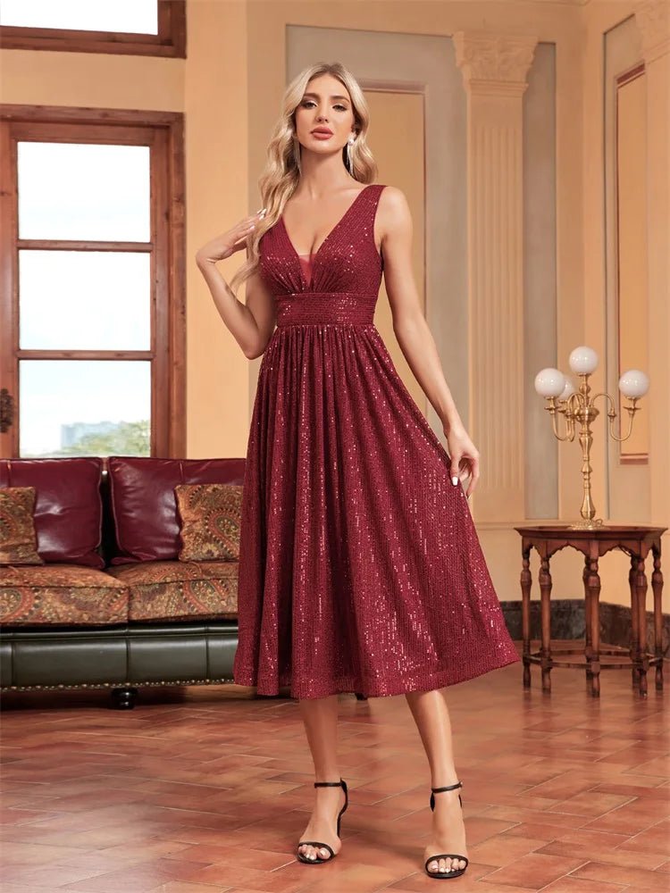 Burgundy Burgundy Elegant A - Line Sleeveless Sequins Midi Cocktail Dress S