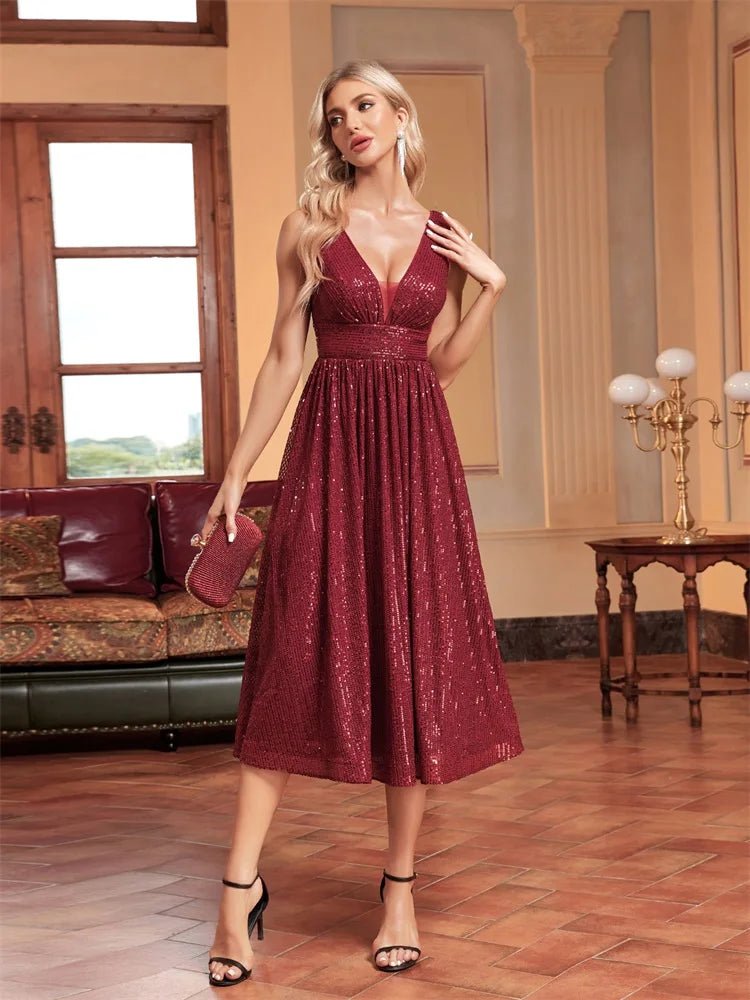 Burgundy Elegant A-Line Sleeveless Sequins Midi Cocktail Dress