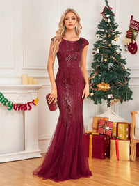 Burgundy sequin prom dress with cap sleeves, mermaid style