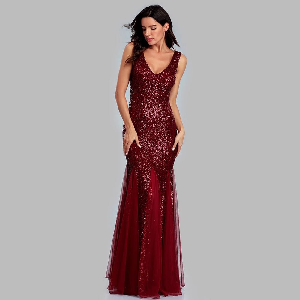 Burgundy Sequin Mermaid Dress with Tulle Skirt