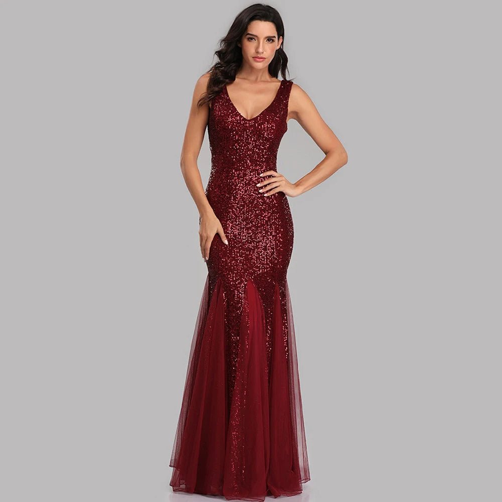 Burgundy Sequin Mermaid Dress with Tulle Skirt