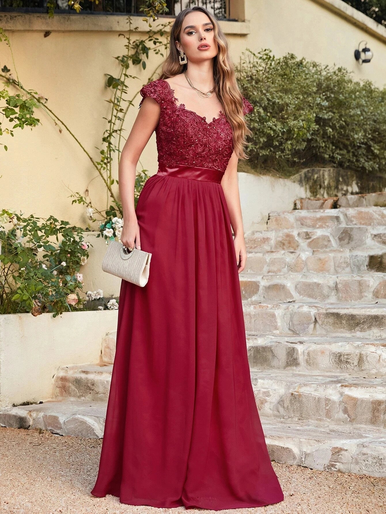 Cap Sleeve Burgundy Chiffon Bridesmaid Dress