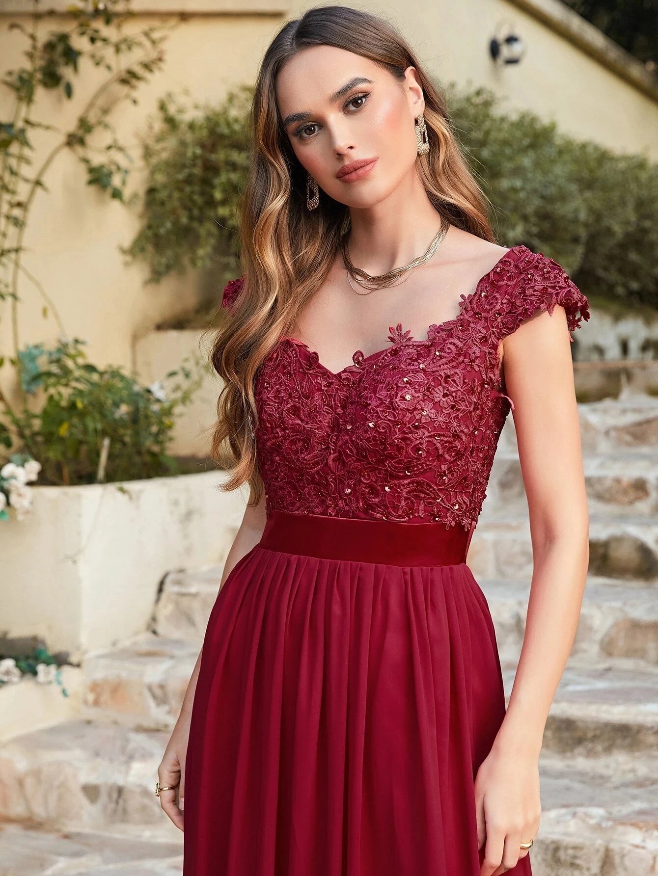 Burgundy Cap Sleeve Burgundy Chiffon Bridesmaid Dress 2