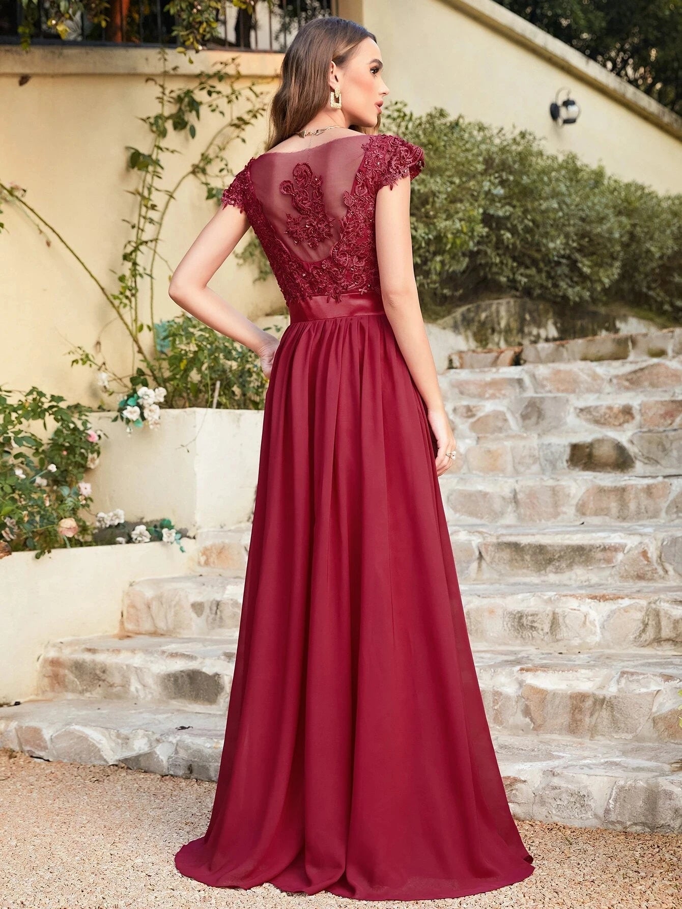 Burgundy Cap Sleeve Burgundy Chiffon Bridesmaid Dress 2