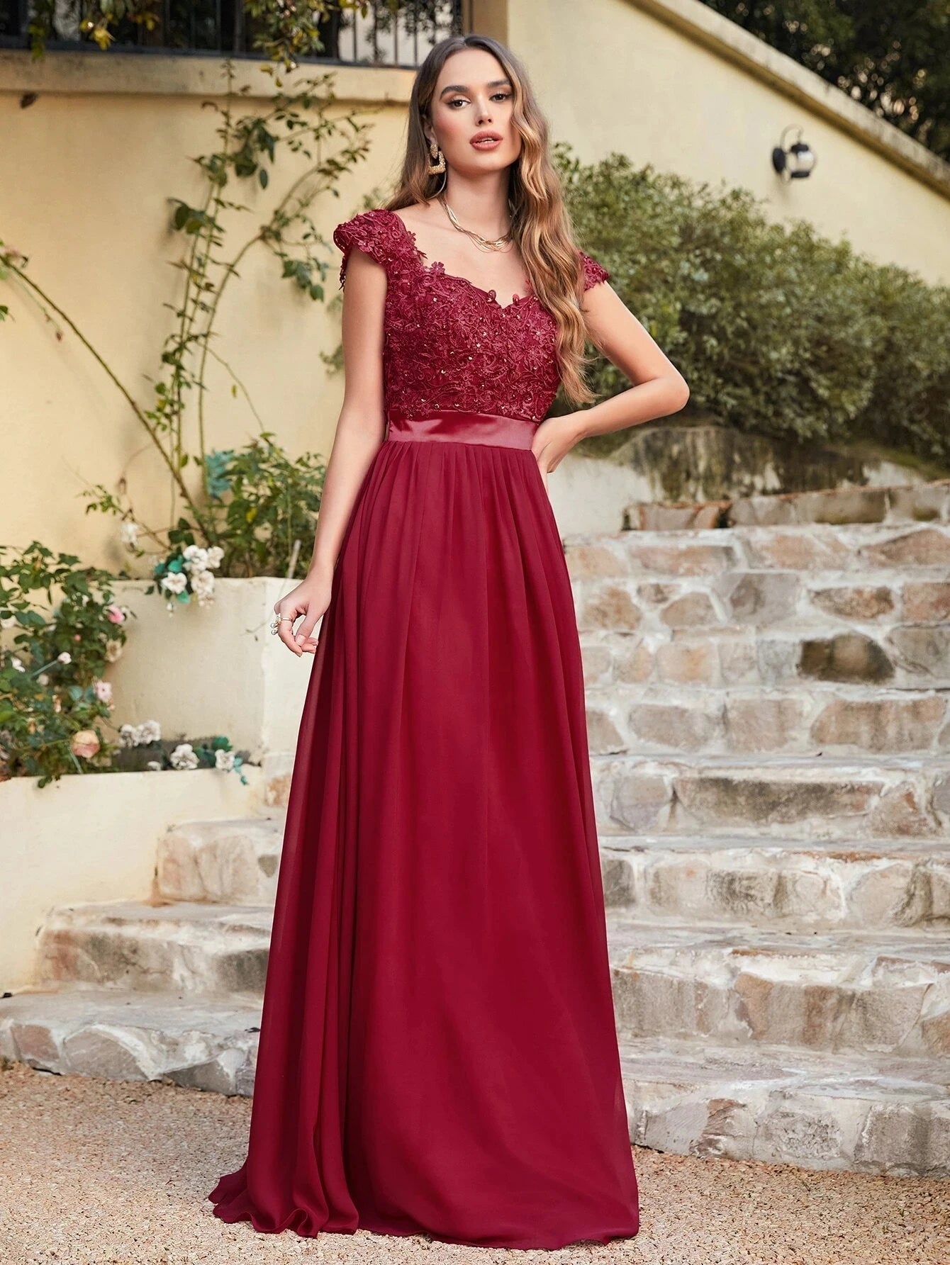 Burgundy Cap Sleeve Burgundy Chiffon Bridesmaid Dress 2