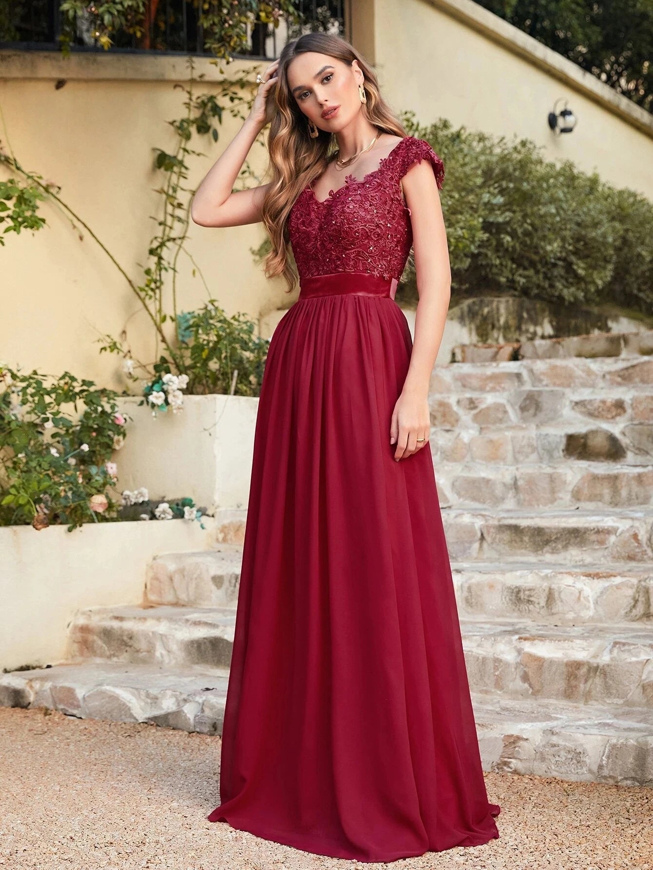 Cap Sleeve Burgundy Chiffon Bridesmaid Dress