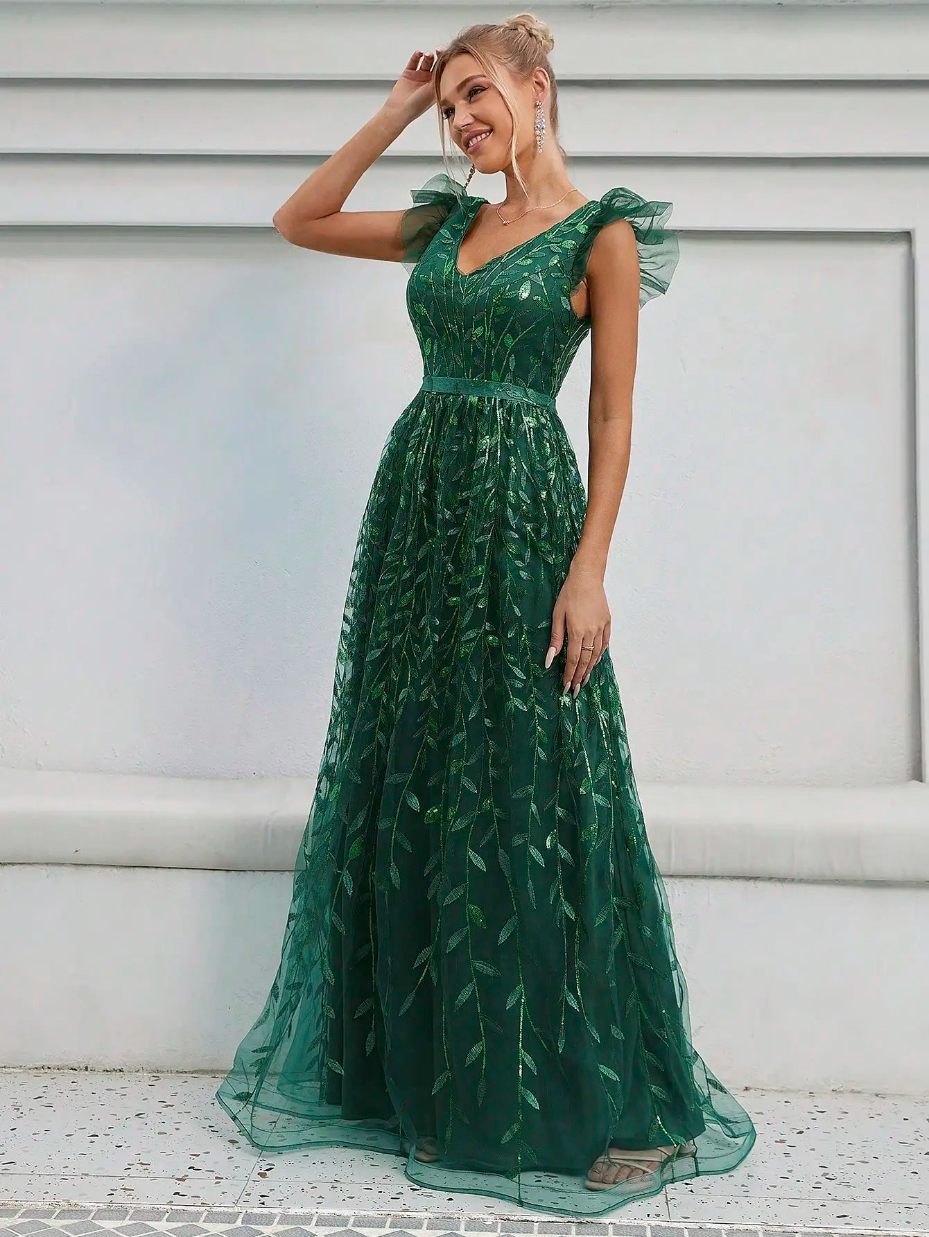 Cap Sleeve Floral Pleated Ball Gown Evening Dress