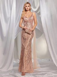 Rose gold champagne sequin formal dress, knee-length, perfect for weddings.