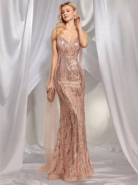 Elegant champagne sequined formal dress, knee-length, by [Brand Name].