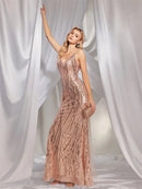 Champagne sequined formal dress, knee-length, perfect for weddings.