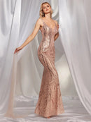 Champagne sequined formal dress, sleeveless, size M, elegant style.