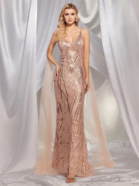 Champagne formal dress with sequins, sleeveless, size M, elegant design.