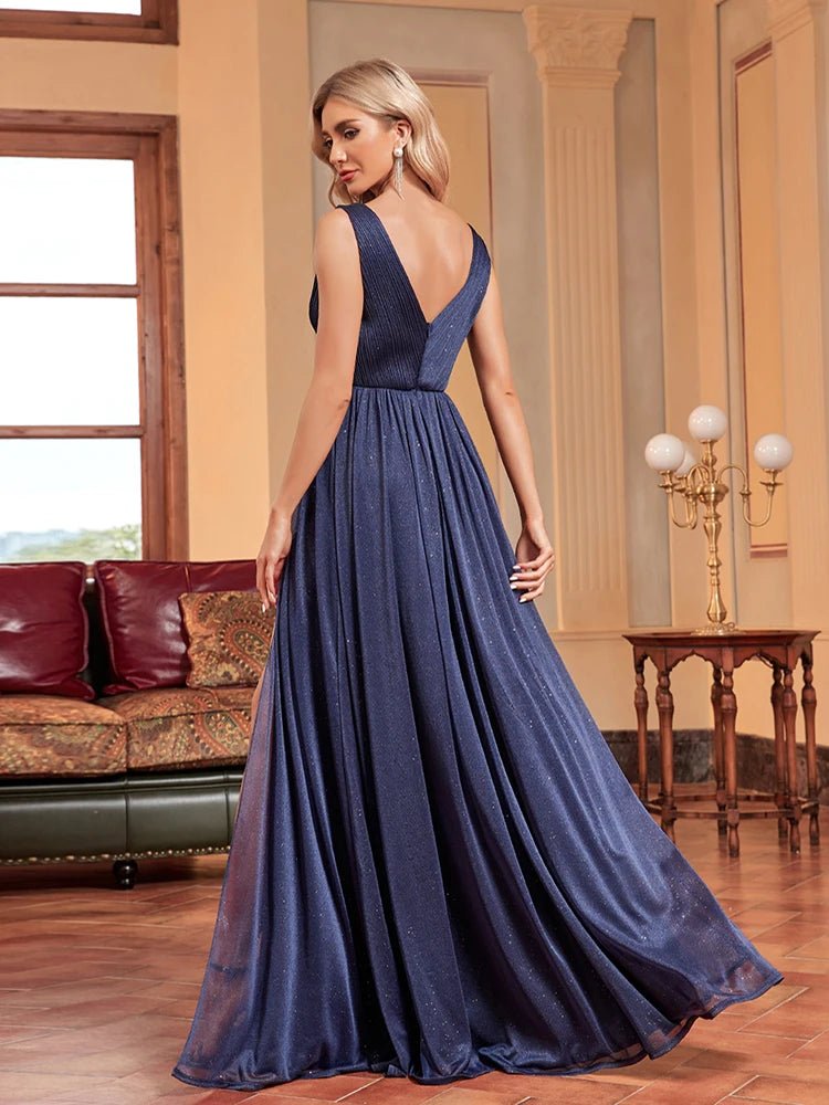 Deep V-Neck Backless A-Line Navy Bridesmaid Gown