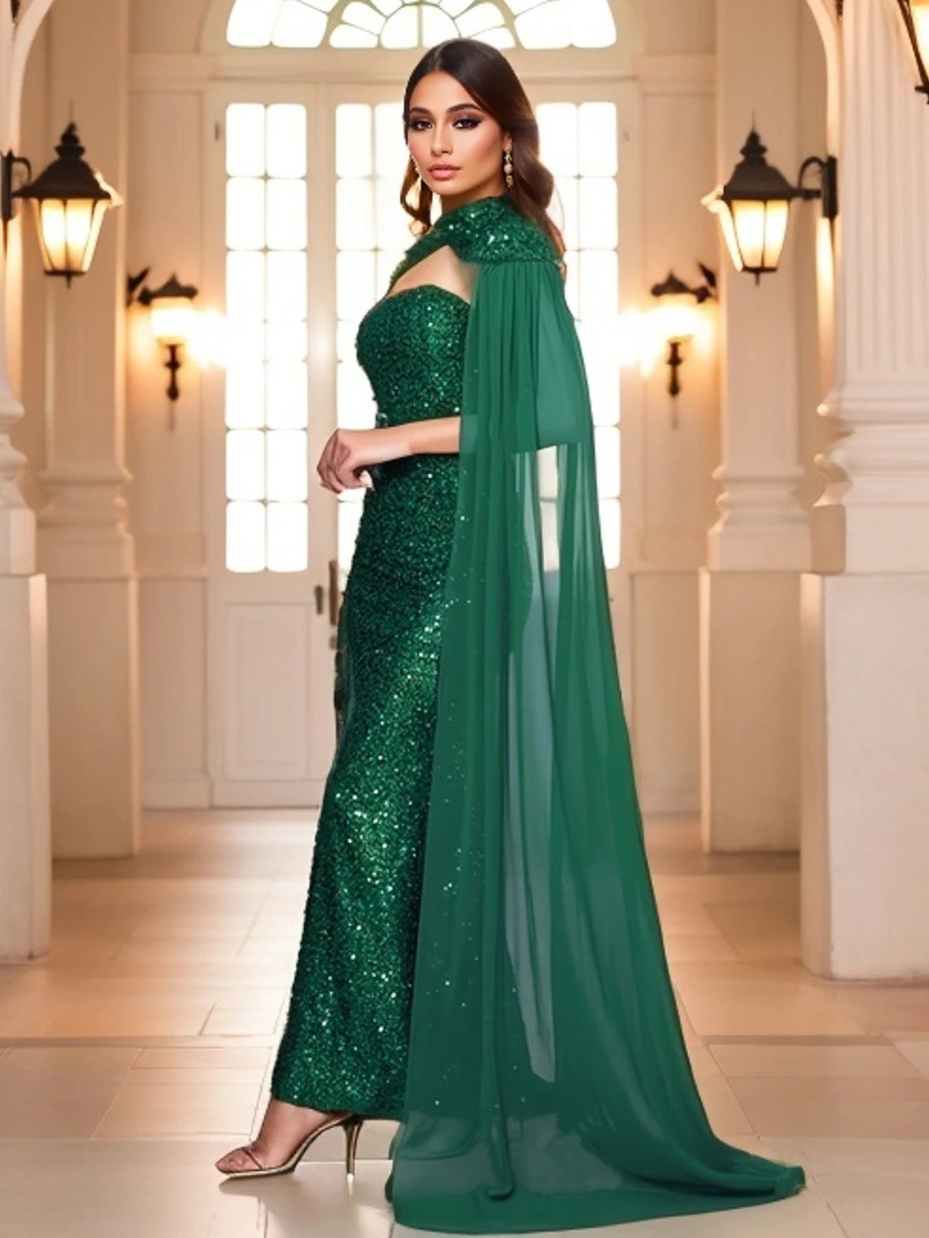 Emerald Green Detachable Shawl Sleeves Strapless Sequin Prom Dress S