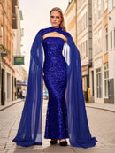 Royal Blue Detachable Shawl Sleeves Strapless Sequin Prom Dress M