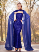 Royal Blue Detachable Shawl Sleeves Strapless Sequin Prom Dress M