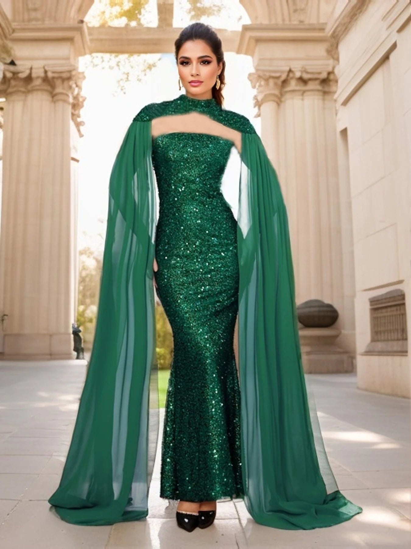 Detachable Shawl Sleeves Strapless Sequin Prom Dress