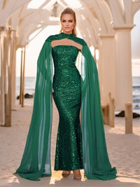 Emerald Green Detachable Shawl Sleeves Strapless Sequin Prom Dress M