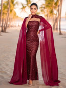 Burgundy Detachable Shawl Sleeves Strapless Sequin Prom Dress M