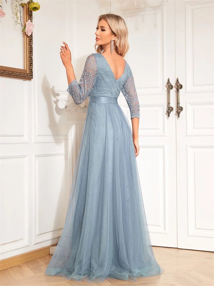 Dusty Blue 3/4 Sleeves Embroidered A-Line Formal Dress