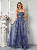 Dusty blue strapless A-line prom gown with lace-up back, elegant and stylish.