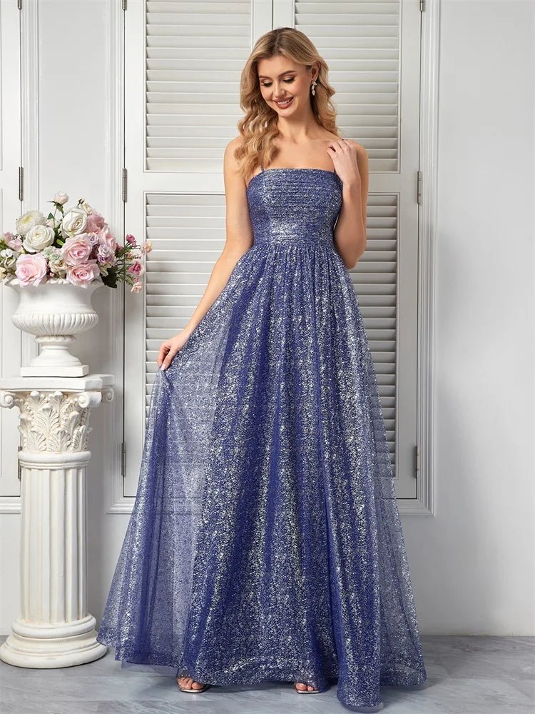 Dusty blue strapless A-line prom gown with lace-up back, elegant and stylish.