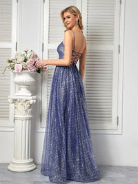 Dusty blue strapless A-line prom gown with lace-up back, size M.