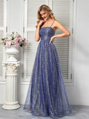 Elegant dusty blue strapless A-line prom gown with lace-up back.