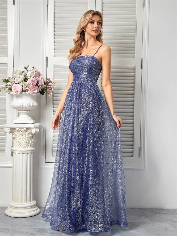 Elegant dusty blue strapless A-line prom gown with lace-up back.