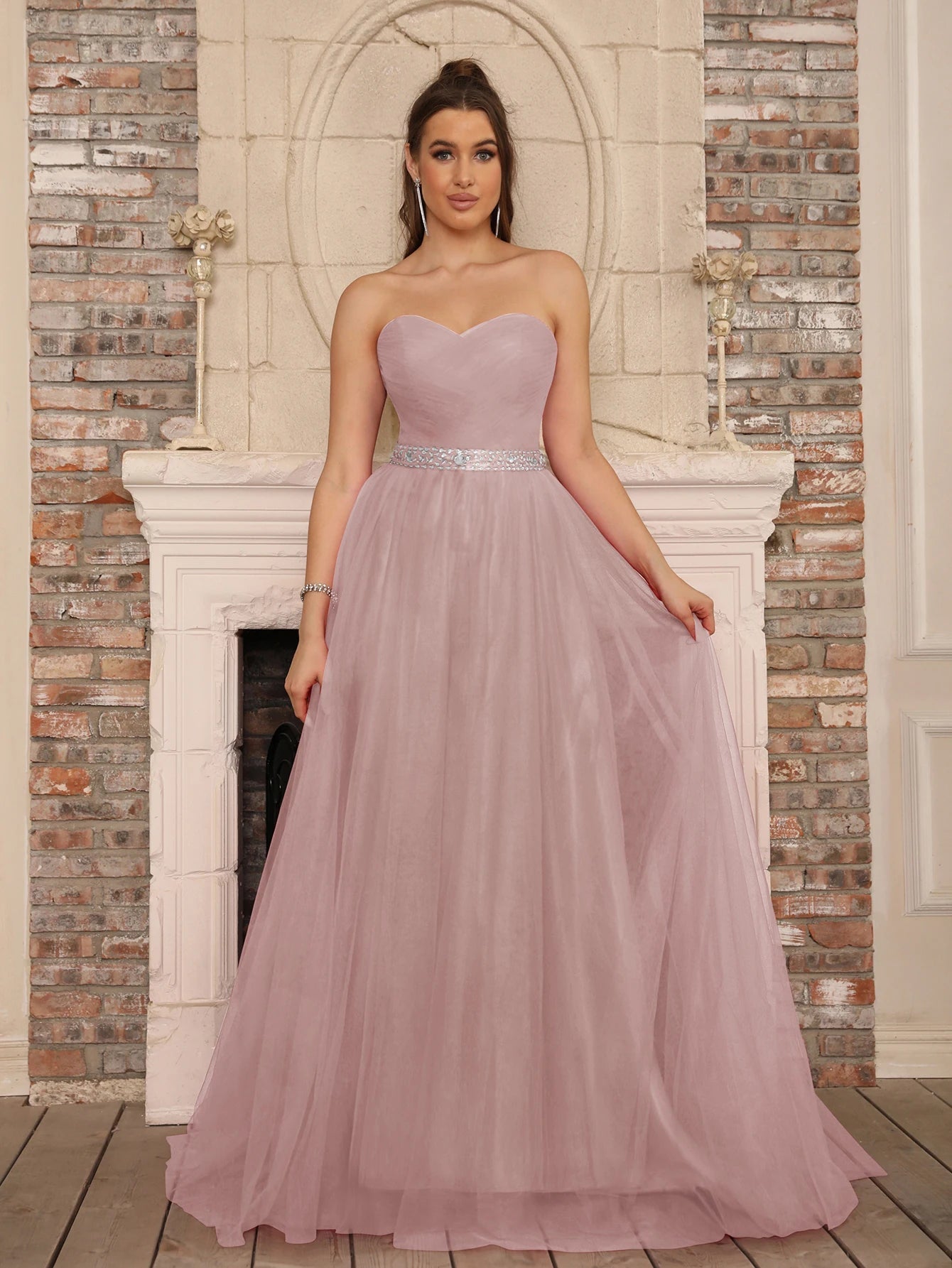 Dusty Pink Elegant Strapless Bridal Party Dress