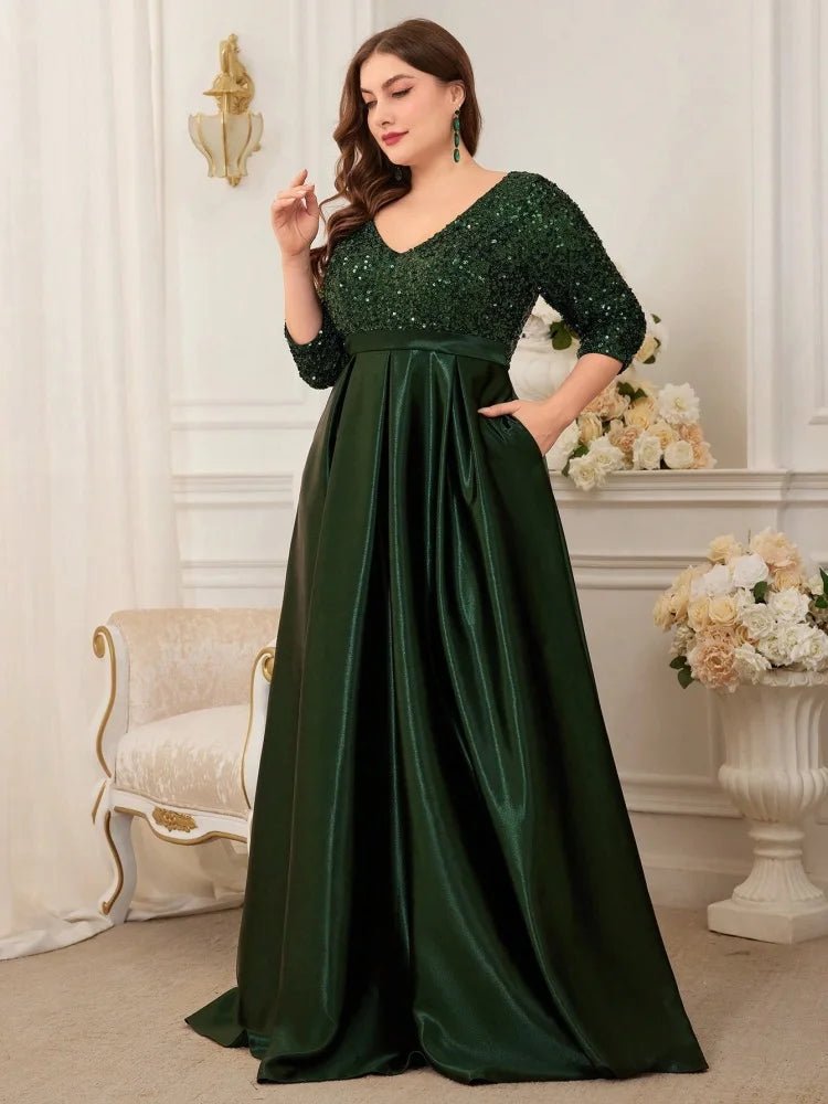 Elegant plus-size evening dress with 3/4 sleeves, sequins, navy blue.