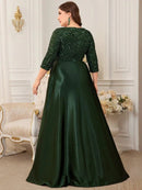 Elegant plus-size evening dress with 3/4 sleeves and shimmering sequins.