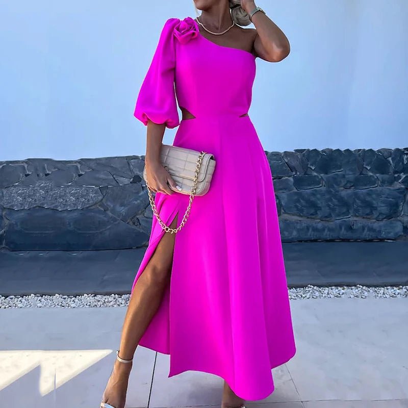 Elegant A-line One Shoulder Puff Sleeve Maxi Dress