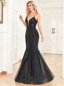 Black Elegant Black Spaghetti Strap Sequin Prom Dress S