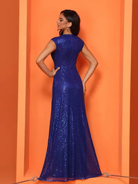 Elegant mermaid evening dress with cap sleeves, sequin details, navy blue.