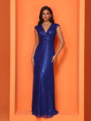 Elegant mermaid evening dress with sequin details, cap sleeves, navy blue.