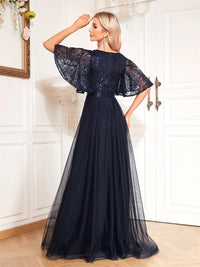 Elegant chiffon formal evening dress with sleeves, navy blue, size M.