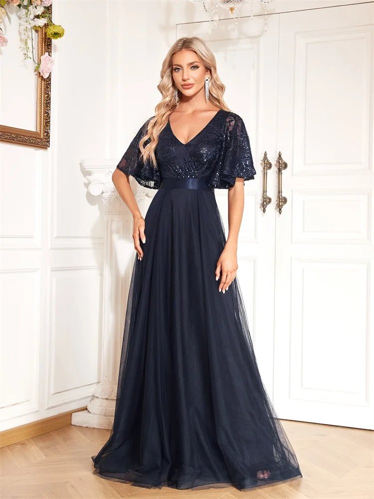 Elegant navy chiffon formal evening dress with short sleeves, size M.