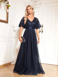 Elegant navy chiffon formal evening dress with flowing sleeves, size M.