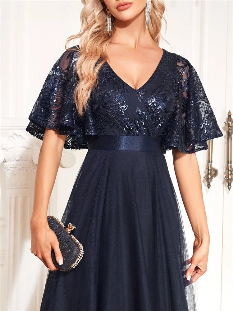 Elegant navy chiffon formal evening dress with sleeves, size M.