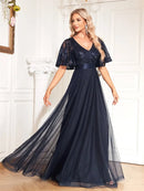 Elegant navy chiffon formal evening dress with sleeves, size M.