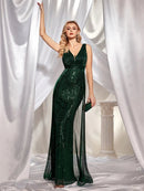 Dark Green Elegant Deep V - Neck Dark Green Sequin Bridesmaid Dress S