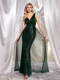 Dark Green Elegant Deep V - Neck Dark Green Sequin Bridesmaid Dress S