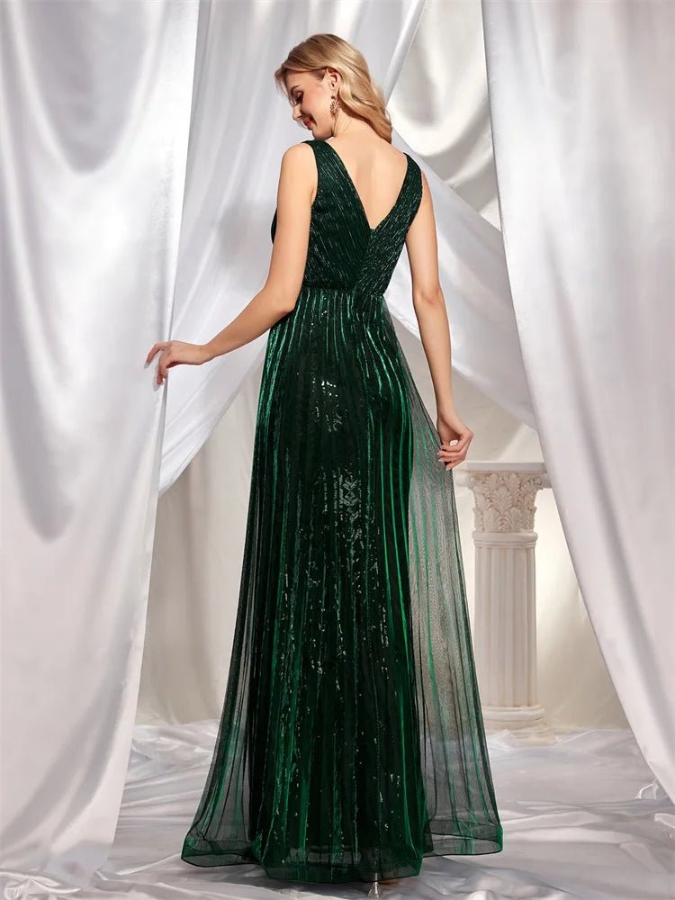 Elegant Deep V-Neck Green Sequin Evening Dress