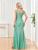 Mint Green Elegant Deep V - Neck Sleeveless Sequin Long Dress S